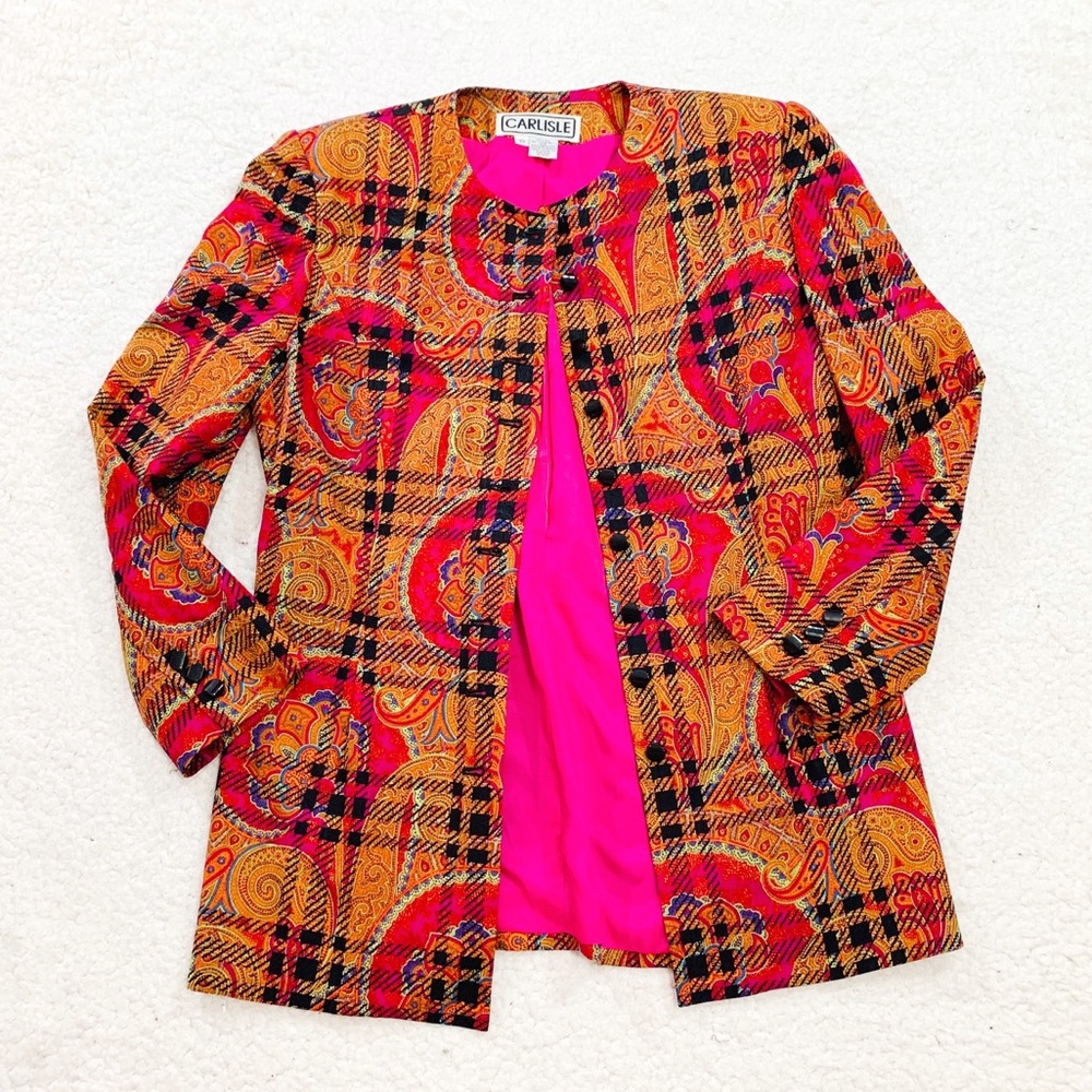 Carlisle paisley plaid button down silk blazer lon